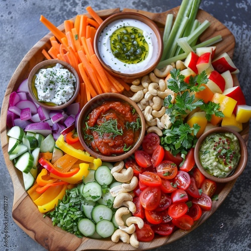 A colorful rainbow platter of fresh vegetables, with hummus and feta cheese.