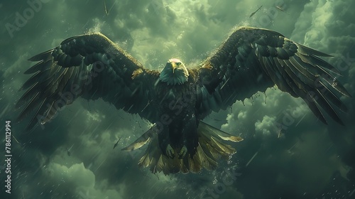 An evocative scene where a bald eagle flies against a stormy sky, clutching an olive branch and arrows, with the American flag dramatically displayed in the background.