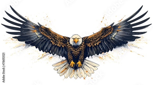 A bold and dynamic banner design where a bald eagle soars upward with the American flag flowing in the wind behind it.