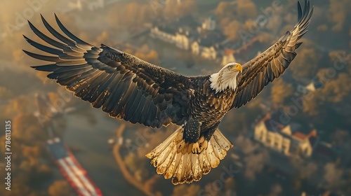 A bold and dynamic banner design where a bald eagle soars upward with the American flag flowing in the wind behind it.