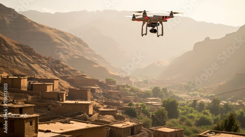 A mobile health clinic drone flying over a remote village, set amidst a mountainous terrain