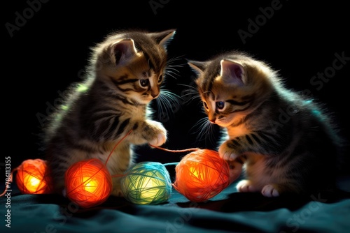 Kittens playing with glowing yarn in a darkened room.