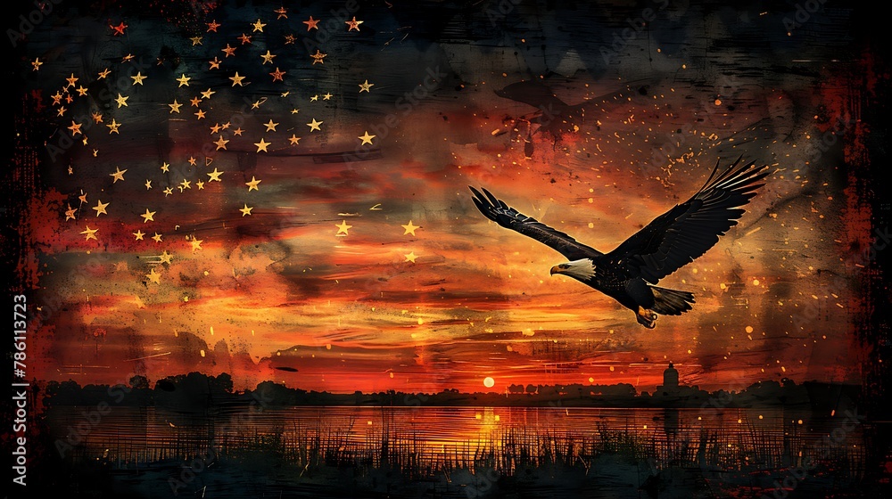 Obraz premium A majestic display featuring a bald eagle flying over the historic Fort McHenry, the birthplace of the national anthem, with the scene intricately woven into the fabric of the American flag.