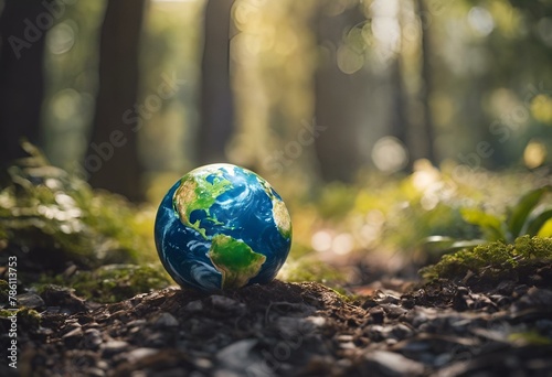 a small blue and green earth sitting in the middle of a forest