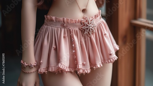 close up sexy girl wearing pink fairy tutu short skirt dress in dreamlike atmosphere, fantasy dreamlike fairytale atmosphere, Generative Ai