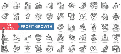 Profit growth icon collection set. Containing revenue, sales, margin, expansion, innovation, efficiency, cost icon. Simple line vector.