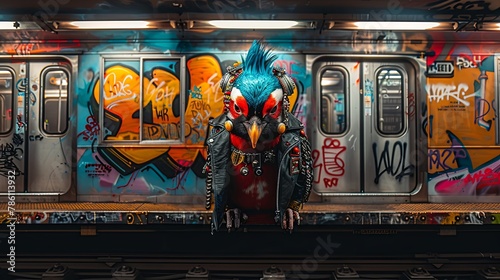 Penguin with a punk look in a leather jacket and vibrant hair on a subway train, graffiti street art