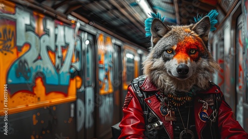 Wolf with a punk look in a leather jacket and vibrant hair on a subway train, graffiti street art photo