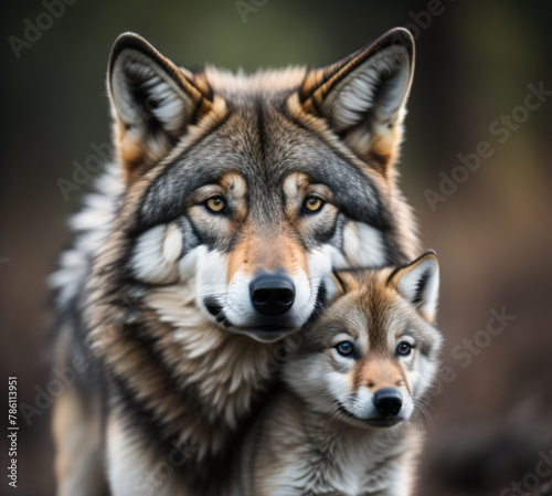 There is a wolf and a baby are sitting on a log