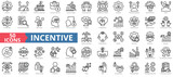 Incentive icon collection set. Containing higher level performance,  government, business, economic analysis, human resources, management practice, employee icon. Simple line vector.