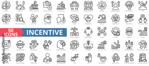 Incentive icon collection set. Containing higher level performance, government, business, economic analysis, human resources, management practice, employee icon. Simple line vector.