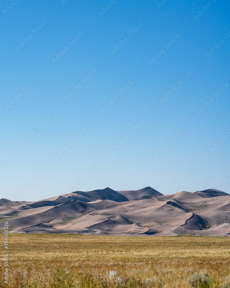 Fototapeta premium Vertical shot of hills covered in greenery under the sunlight and a blue sky