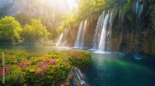 Sunlight shining on pure water waterfall in beautiful garden. Colorful spring panorama of green forest with blue lake. nice natural view