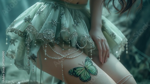 close up sexy girl body and buttock wearing a green fairy tutu dress in dreamlike atmosphere, fantasy dreamlike fairytale atmosphere, Generative Ai