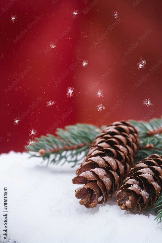Brown fir cones on pine branches on snow. Behind red background with snowflakes