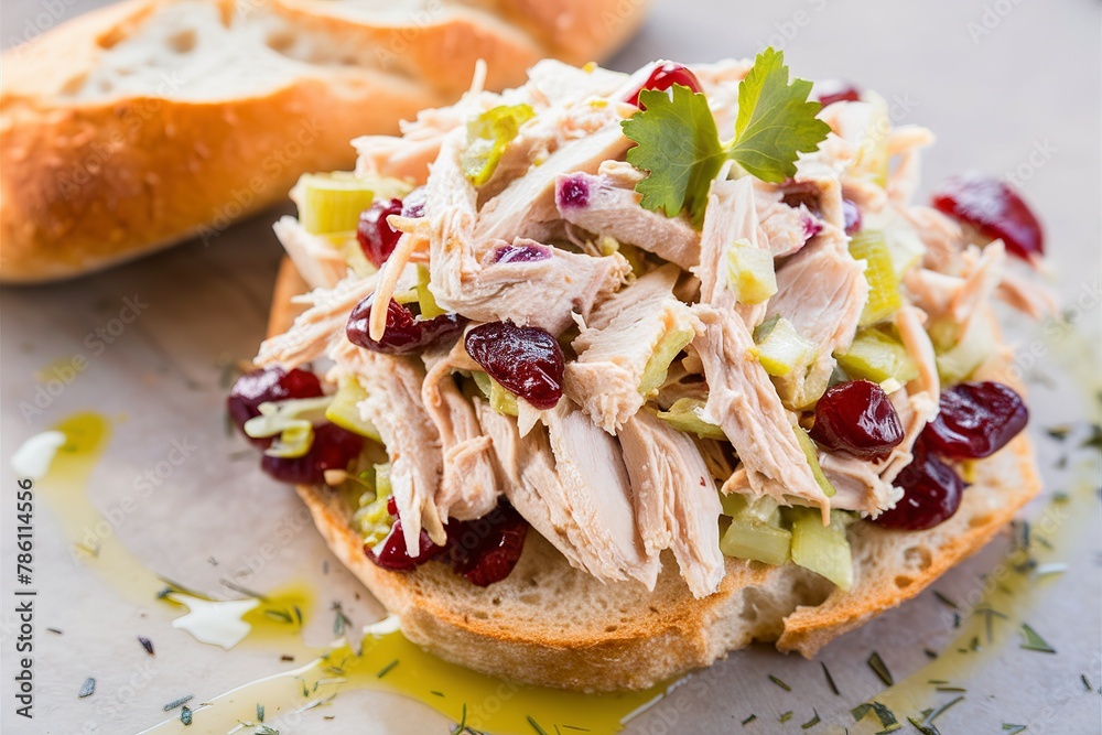 Chicken salad with dried cherry and celery, served on bread