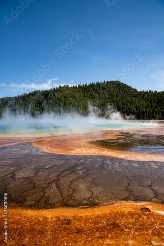 Vertical view of colorful geyser and fog at Grand Prismatic Hot spring in Wyoming