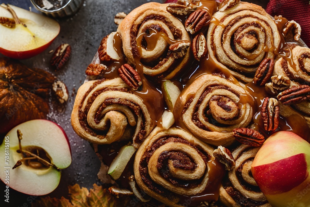 Cinnamon rolls with apples, caramel and pecan, fall baking concept overhead shot with copy space