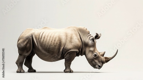 A majestic rhinoceros  its massive form captured in profile against the blank canvas of pure white  radiating strength and resilience.