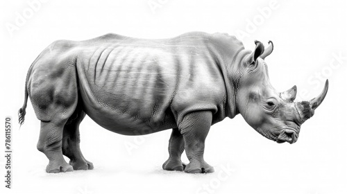 A majestic rhinoceros  its massive form captured in profile against the blank canvas of pure white  radiating strength and resilience.