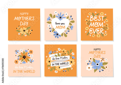 A set of Mother's Day cards on a background of flowers and branches.