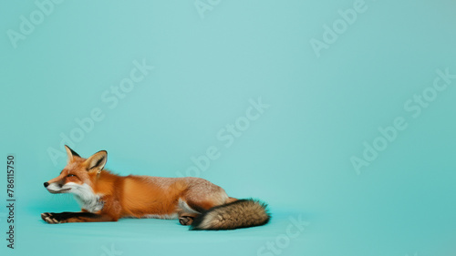 A vivid image capturing a red fox in repose against a striking turquoise backdrop, highlighting the contrast