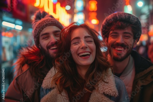 Three individuals grinning outdoors in the nighttime rain, AI-generated.