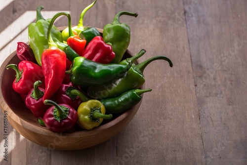 Green and red hot pepper in a bowl