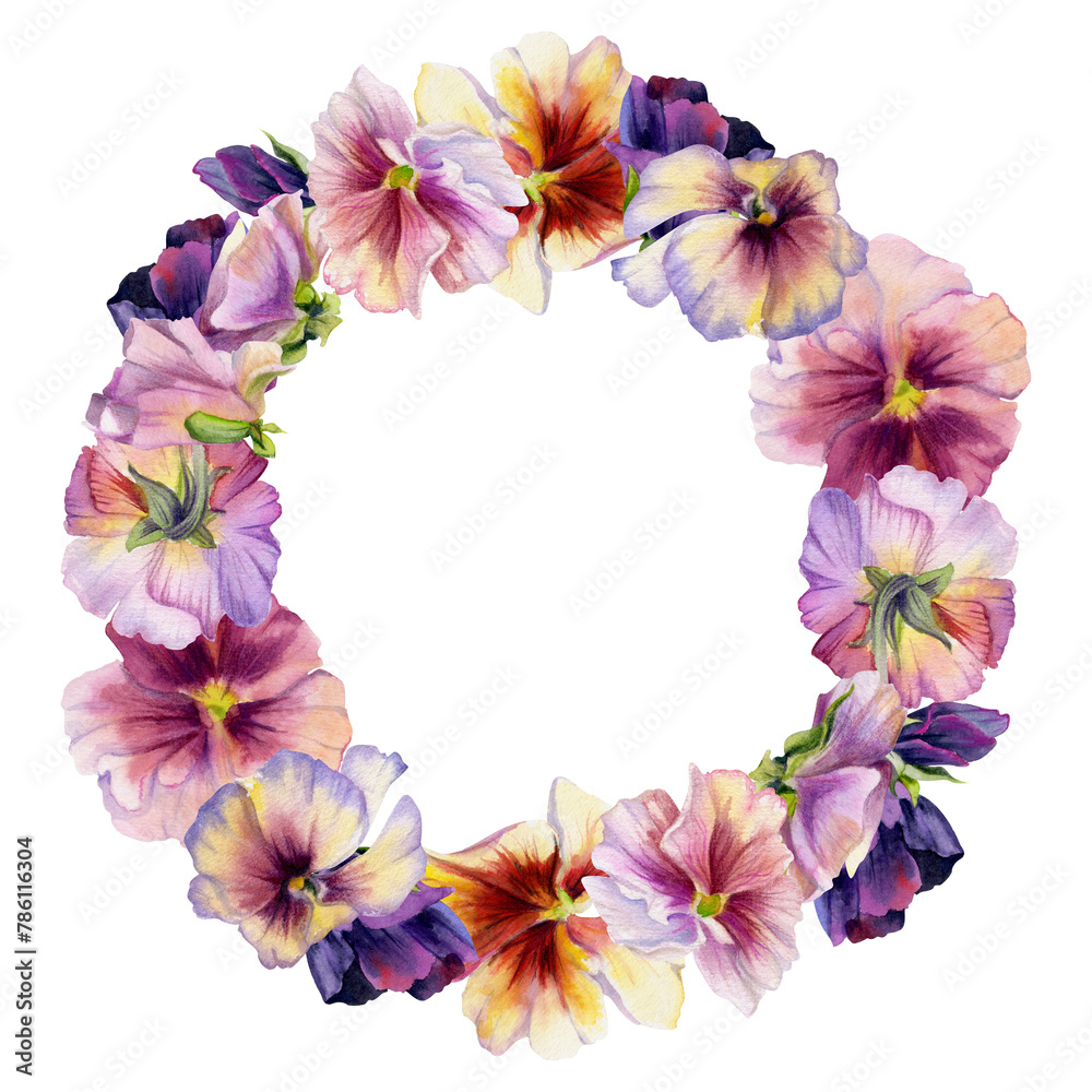 Hand drawn watercolor illustration shabby boho botanical flowers. Mauve pink indigo pansy viola violet panola. Wreath frame isolated on white background. Design wedding suite, love cards, shop Hand drawn watercolor illustration shabby boho botanical flowers. Mauve pink indigo pansy viola violet panola. Wreath frame isolated on white background. Design wedding suite, love cards, shop