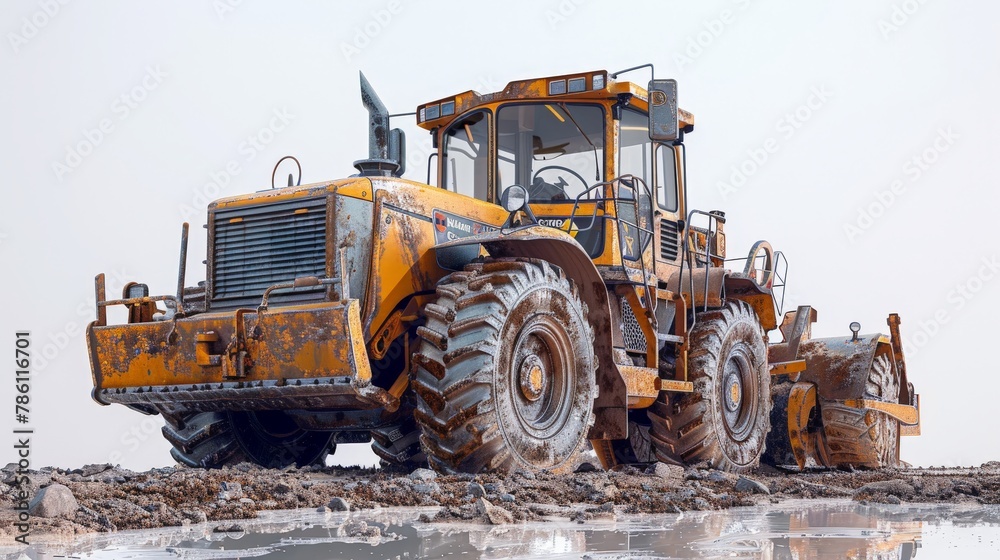 A dirty yellow construction vehicle is parked on a muddy road