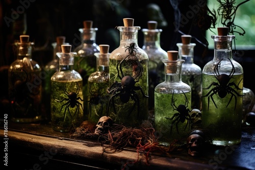 Haunted Forest Elixirs: Arrange drinks on a table with fake spider webs, plastic spiders, and twigs to create a spooky forest atmosphere.