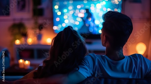 AI generated illustration of a young couple sitting on a sofa and watching TV in a dark living room