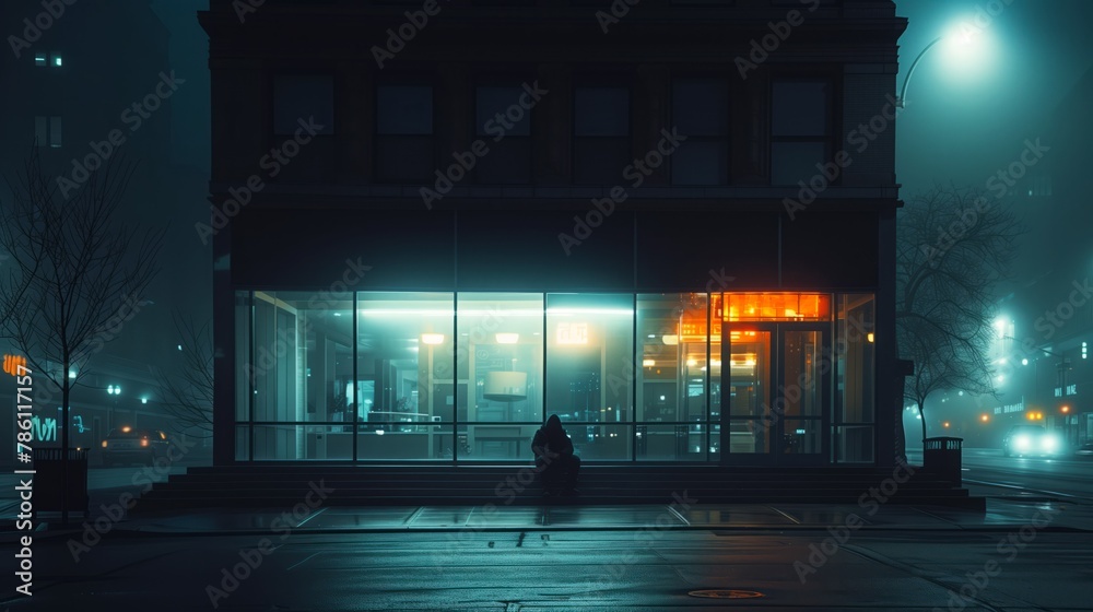 AI generated illustration of a man sitting on a city street at night ...