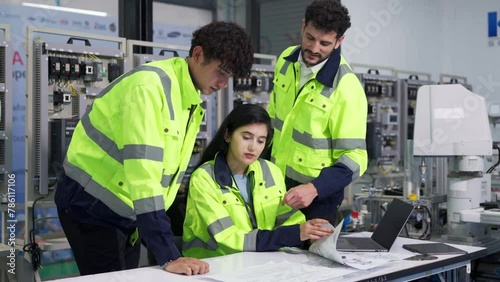 Group of multiethnic engineer researching and developing a robotics arm in scientific technology laboratory. Technician examining Industrial robot machine. Automated and manufacturing factory concepts