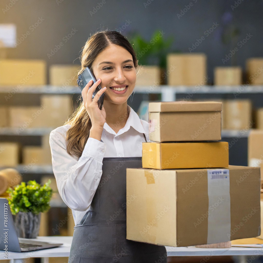 A company employee working in the warehouse arranges the details of the delivery of goods with the customer A company employee working in the warehouse arranges the details of the delivery of goods with the customer
