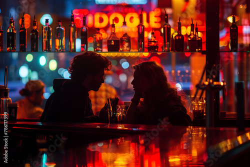 Man and a woman enjoying drinks at the bar, AI-generated.