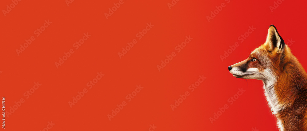 A vivid side view of a fox's head isolated against a striking red background, highlighting details and texture