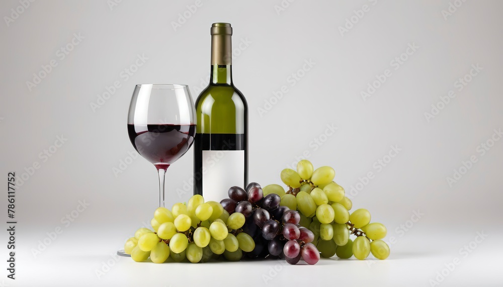 Wine bottle, glass and grapes isolated on white background