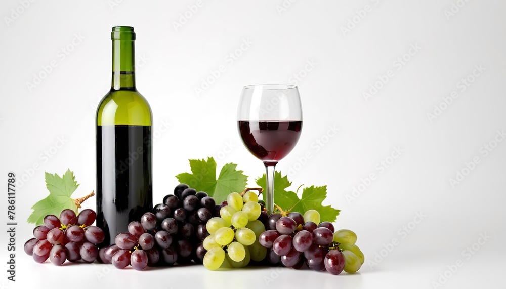 Wine bottle, glass and grapes isolated on white background