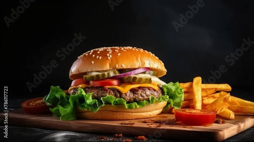 a hamburger and fries on a wooden board with ketchup