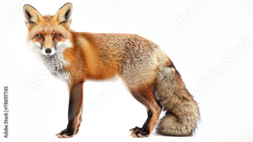 This image captures a red fox in mid-stride from a side view, showcasing its sleek body and full bushy tail against a plain backdrop © Fxquadro