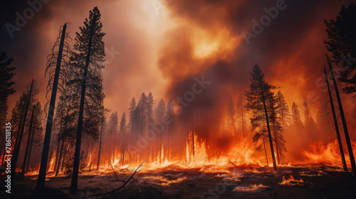 Intense flames from a massive forest fire. Flames light up the night as they rage thru pine forests and sage brushes photo