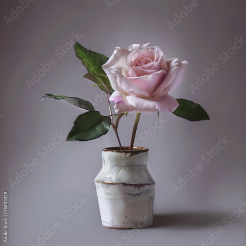 Simple still life with a beautiful pink rose in a vase.