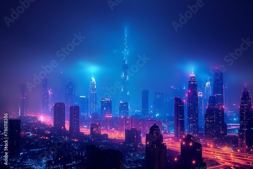an image of the dubai skyline in the fog at night