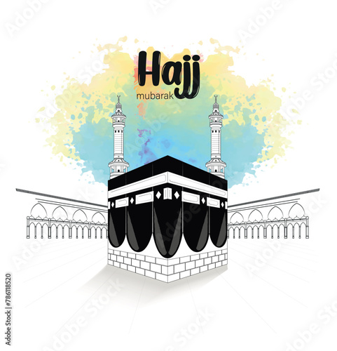 HAJJ. Kaaba Vector for Hajj Mabroor in Mecca Saudi Arabia. Hajj Mabrour And The Holy Mecca Greeting Islamic Illustration Background.  Muslim people are praying in Hajj