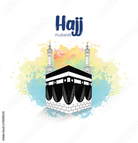 HAJJ. Kaaba Vector for Hajj Mabroor in Mecca Saudi Arabia. Hajj Mabrour And The Holy Mecca Greeting Islamic Illustration Background.  Muslim people are praying in Hajj