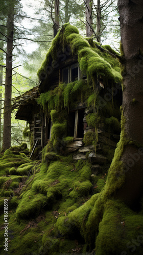 Super mossy cabin in the forest