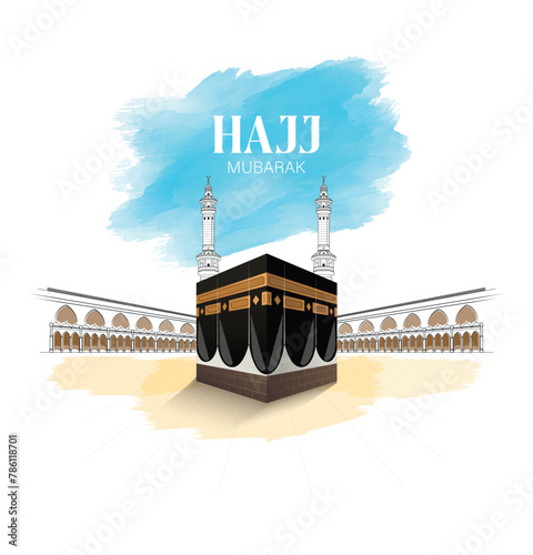 HAJJ. Kaaba Vector for Hajj Mabroor in Mecca Saudi Arabia. Hajj Mabrour And The Holy Mecca Greeting Islamic Illustration Background.  Muslim people are praying in Hajj