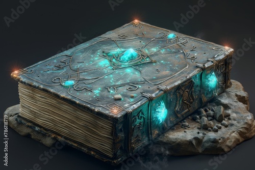 A magic book with a glowing orb in the middle