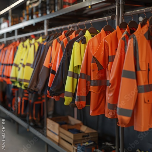 an industrial warehouse with several orange safety jackets hanging from the racks